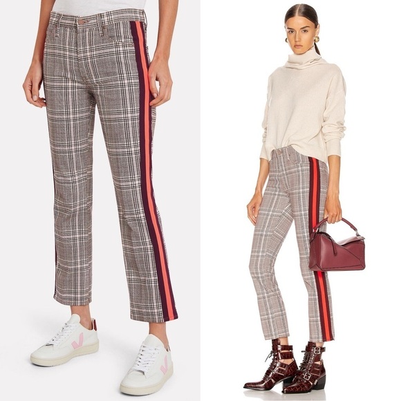 NWT MOTHER 90s Plaid Check High Rise Sporty Stripe Kick Flare Ankle Crop Jean 26 - Picture 1 of 12